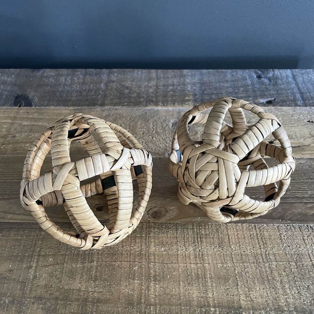 (2) 4" Rustic Tan Metal Wicker Bamboo Wood Decorative Sphere Ball Orb Home Decor